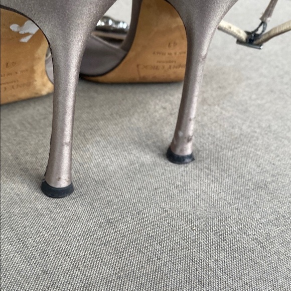 Jimmy Choo Satin Gemstone Open Toe Heels Pewter Champagne size 10, heel 4 1/2 - Picture 12 of 16